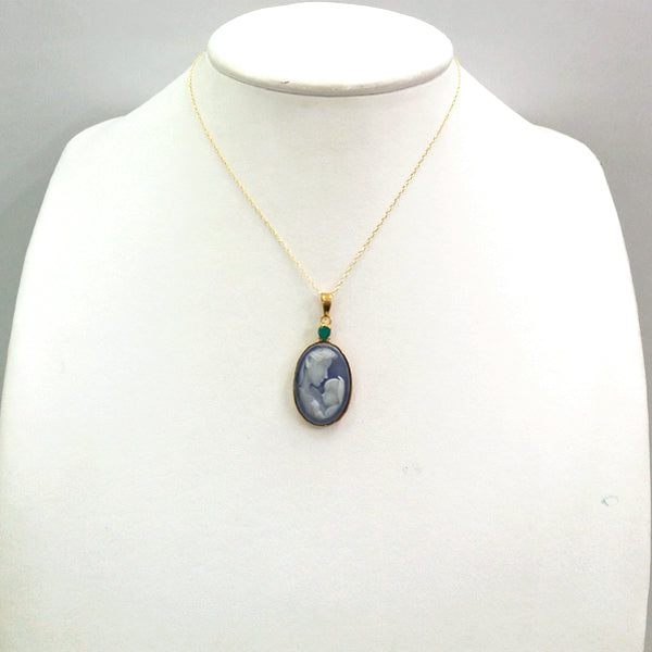 Green Agate with Blue Agate & White Agate & Mother & Child Cameo Necklace