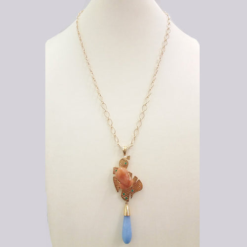 Green Agate with Carved Frog Carnelian & Blue Jade Long Drop TerraFirma Pendant