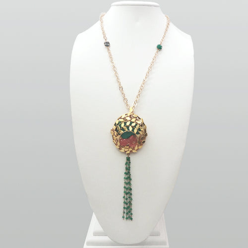 Green Agate, Torquoise, Jade Animal (Rabbit) and Coral Tassel Necklace