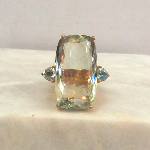 Green Amethyst with Blue Topaz Cocktail Ring