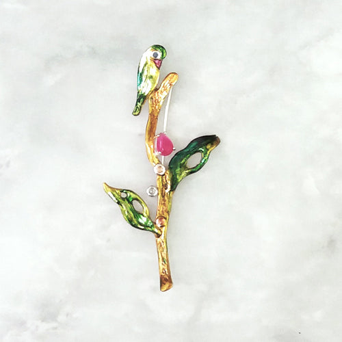 Hand Painted Sterling Silver with Pink Agate, Citrine & Tourmalines Huni Brooch Pin