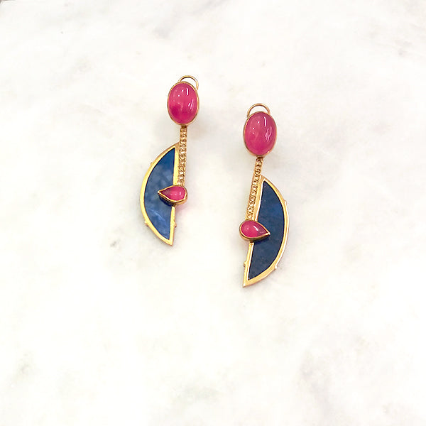 Hot Pink Agate Stud with Citrine, Lapiz Lazuli & Pink Agate Twinset Earrings