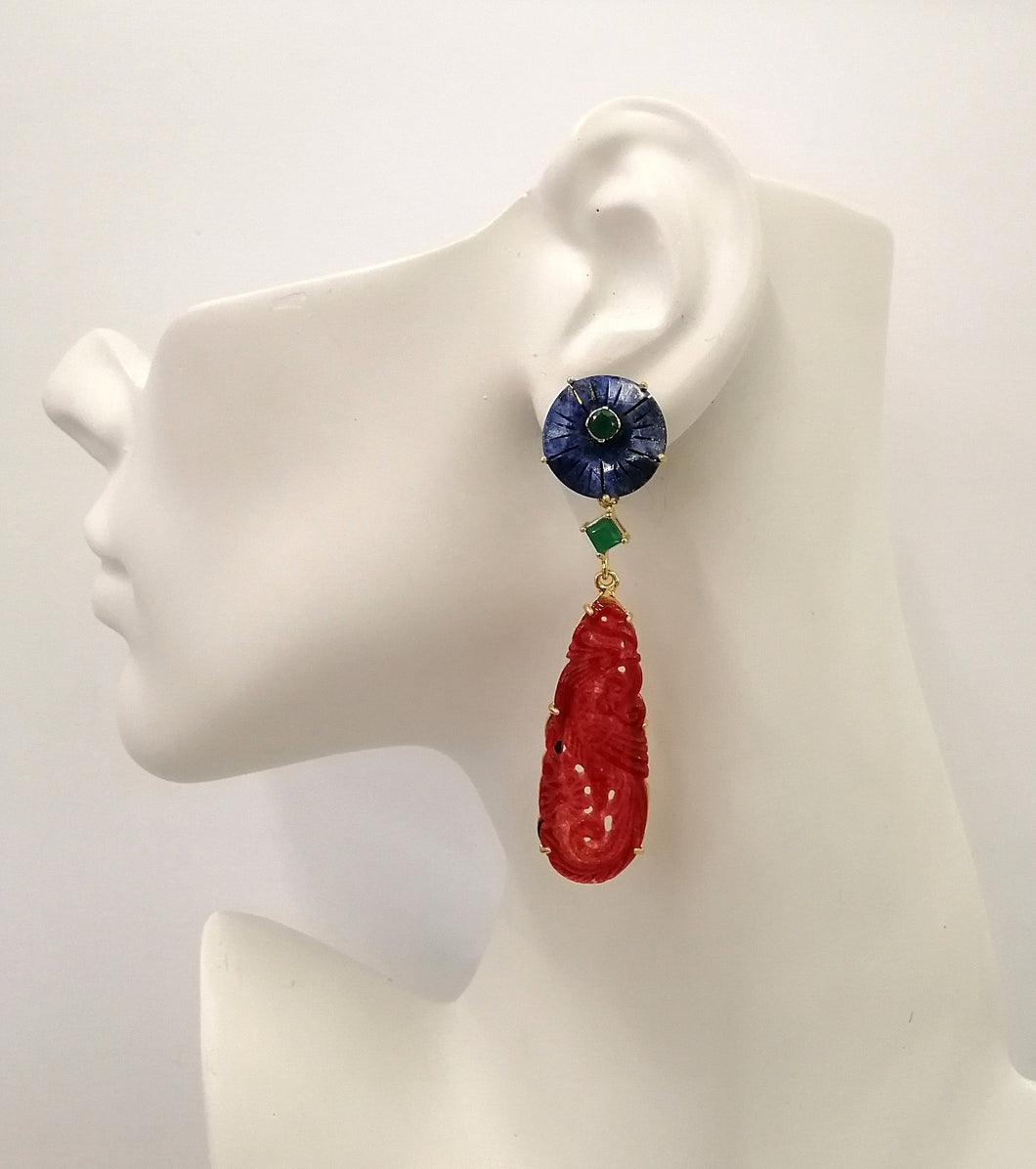 Carved flower Lapis Lazuli studs with Green Agates & carved Red Jade Twinset Earrings