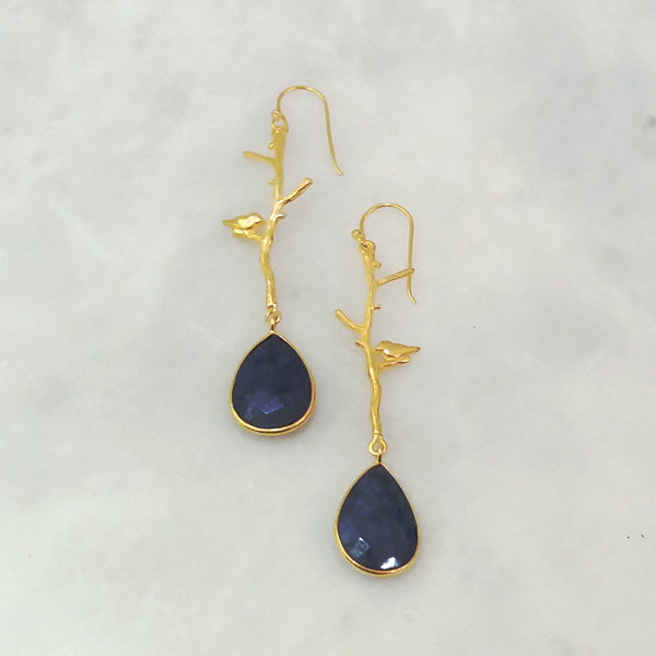 Ibon on Branches with Blue Sapphire Double Drop Earrings