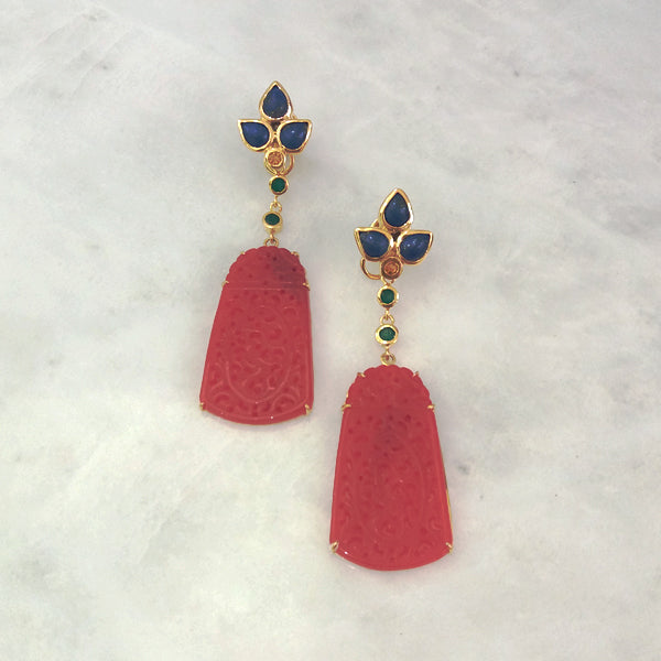 Lapiz Lazuli & Citrine Stud with Green Agate & Carved Red Jade Twinset Earrings