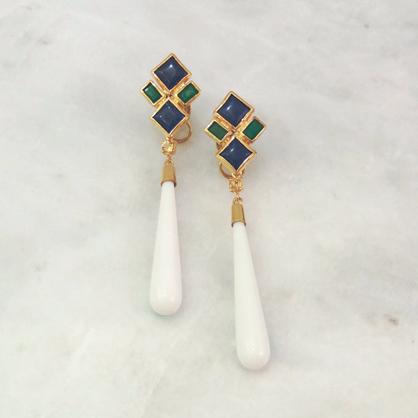 Lapiz Lazuli & Green Agate Stud with Citrine & Long White Agate Twinset Earrings