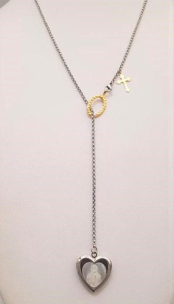 Mama Mary with Cross Lariat Necklace 2-Tone