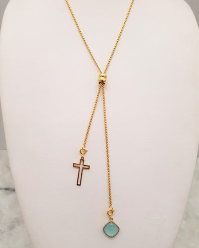 Mint Chalcedony with a Frame Cross Affirmation Slider Necklace 2 Tone