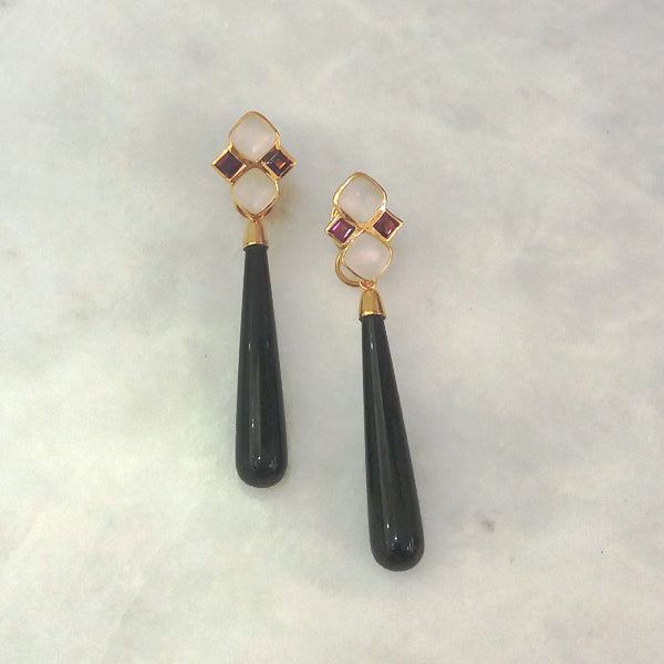 Moonstone & Rhodolite Garnet Stud with Long Black Agate Twinset Earrings