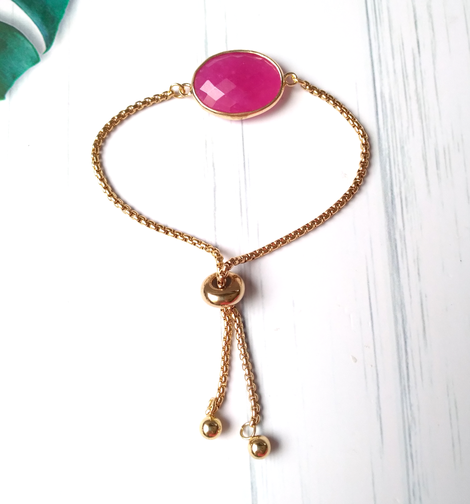 Oval Pink Jade Jeweled Slider Bracelet