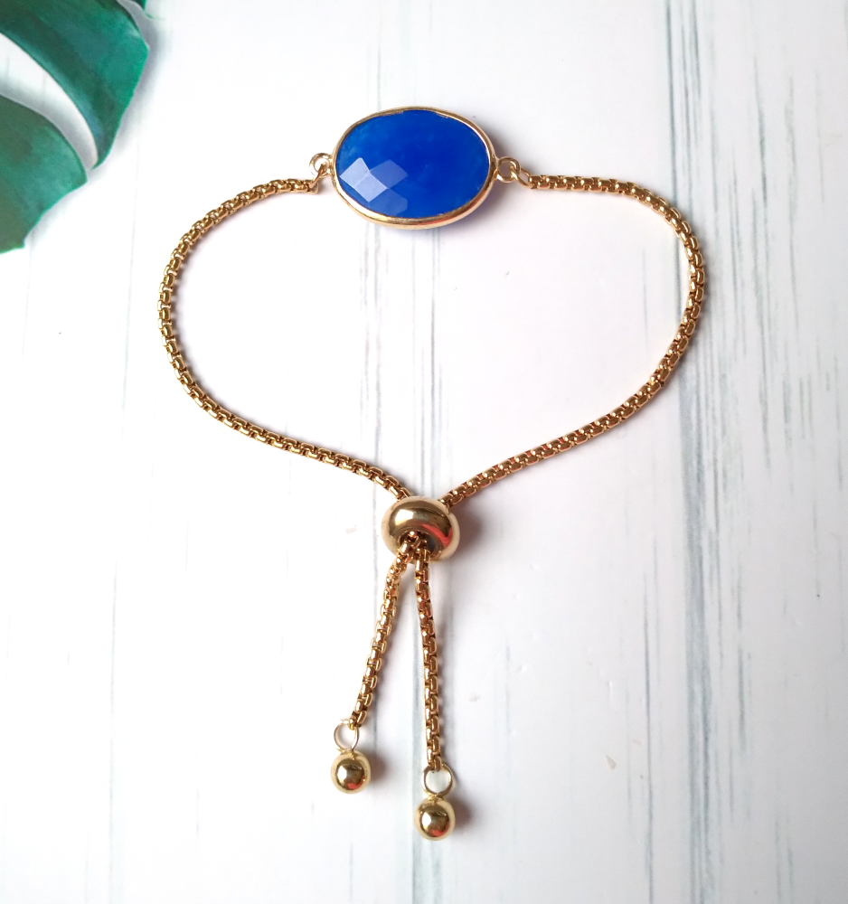 Oval Blue Jade Jeweled Slider Bracelet
