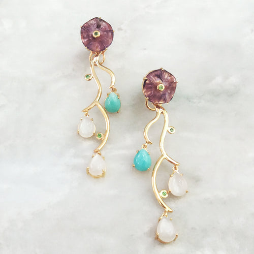 Violets Twinset Earrings with Carved Flower Amethysts, Green Agate, Amazonite & Moonstones