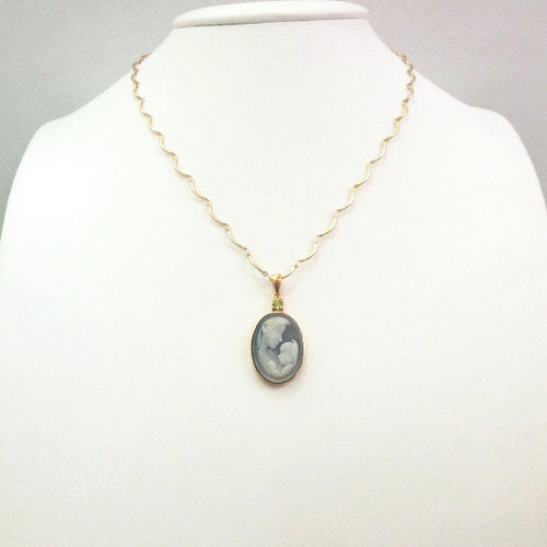 Carved Blue & White Agate Mother & Child Cameo with Peridot Pendant