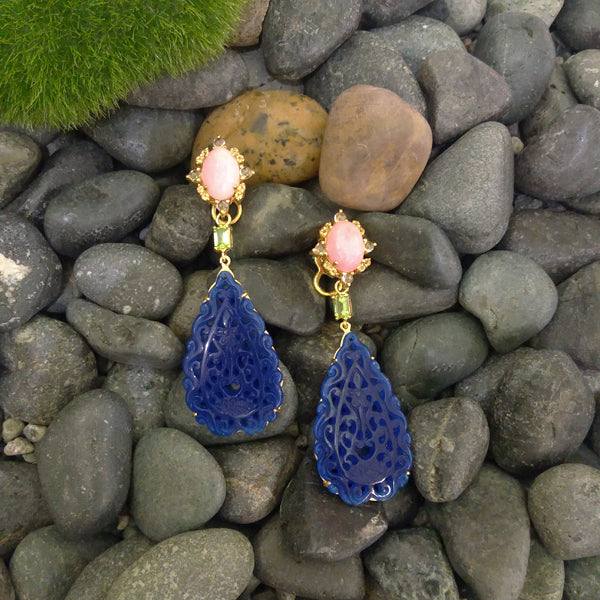 Pink Coral with Peridot & Citrine stud with Peridot & Carved Blue Jade Twinset Earrings