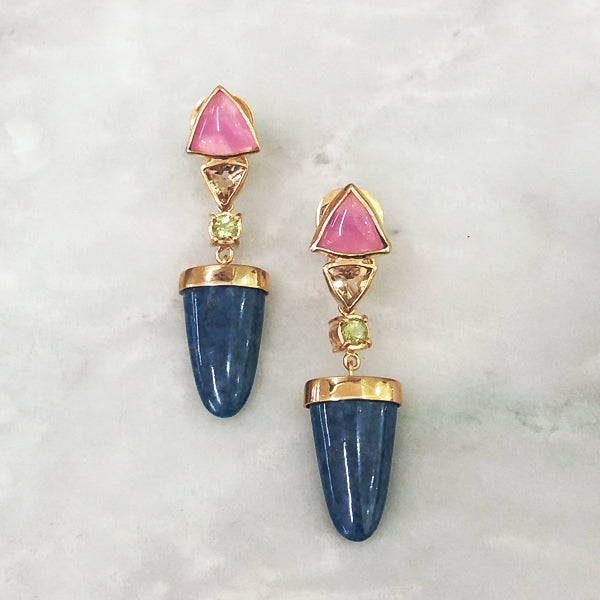 Pink Quartz Studs with Citrine, Peridot & Lapiz Lazuli Dangle Twinset Earrings