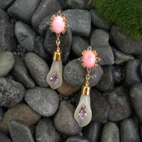 Pink Coral Oval with Citrine & Peridot stud with Citrine, Celadon Jade & Amethyst Twinset Earrings