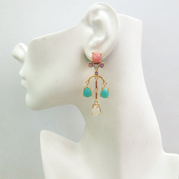 Pink Opal, Amethyst & Blue Topaz Stud with Moonstone & Amazonite Twinset Earrings