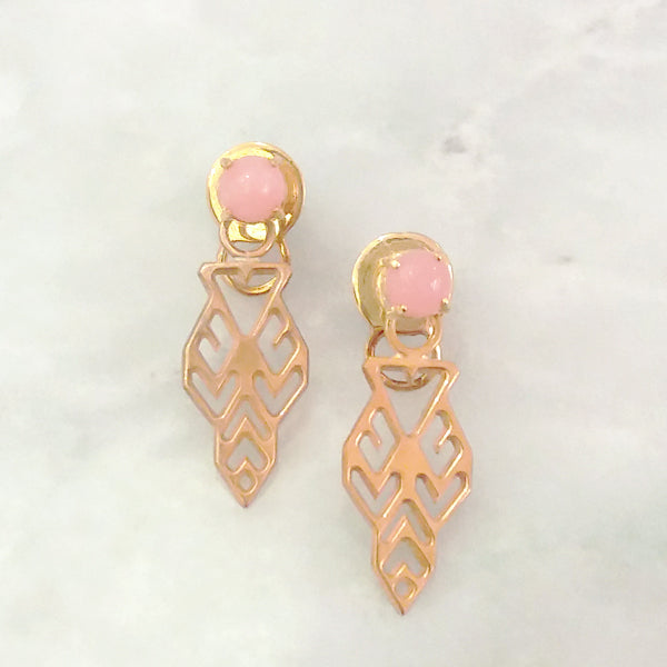 Pink Opal Round Stud with lawin Design Earrings