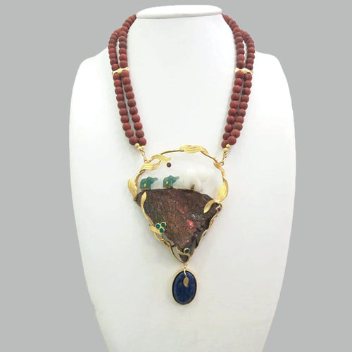 Red Jasper Beads Chain with White &Green Jade Elephant with Ammolite Rock, Green Agate, Rhodolite Garnet Round & Lapiz Lazuli oval Drop Necklace