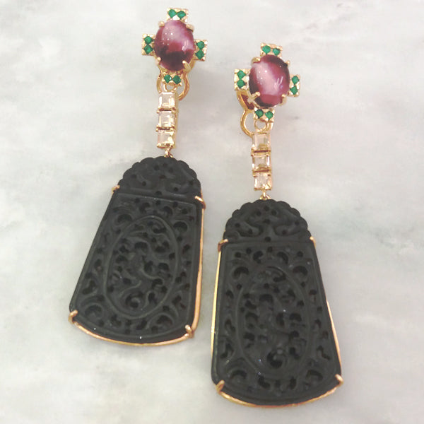 Red Tigers Eye & Green Agate Stud with Citrine & Carved Black Jade Twinset Earrings