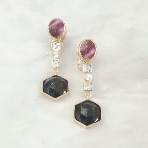 Red Tigers Eye Stud with Blue Topaz, White Topaz & Black Agate Twinset Earrings