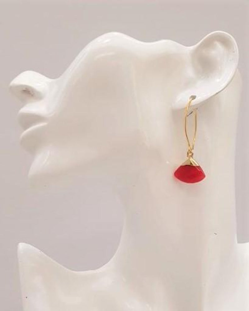 Red Jade Fan Single Gem Drop V-hook Earrings