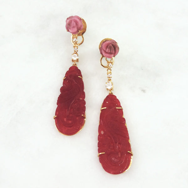 Rhodochrosite Stud with White Zircon & Carved Red Jade Twinset Earrings