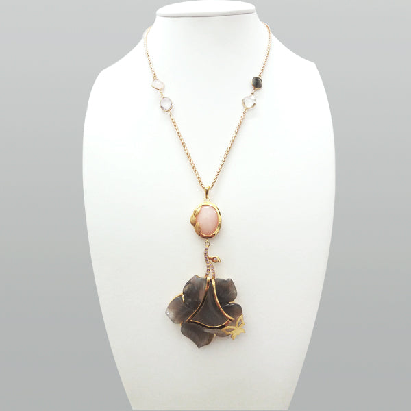 'Full Bloom' Necklace with Pink Opal , Amethyst and carved flower Druzy Agate Geode