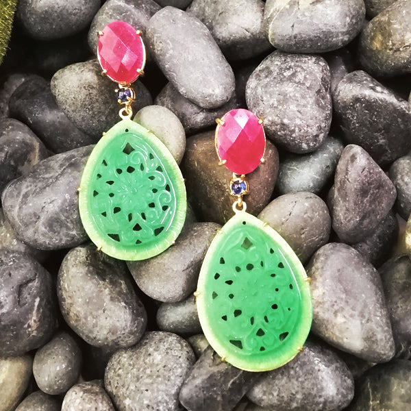 Ruby Stud with Blue Sapphire & Carved Green Jade Twinset Earrings