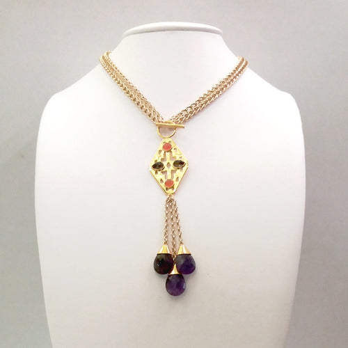 Sawa Necklace with Carnelian, Smokey Quartz and Amethyst Necklace
