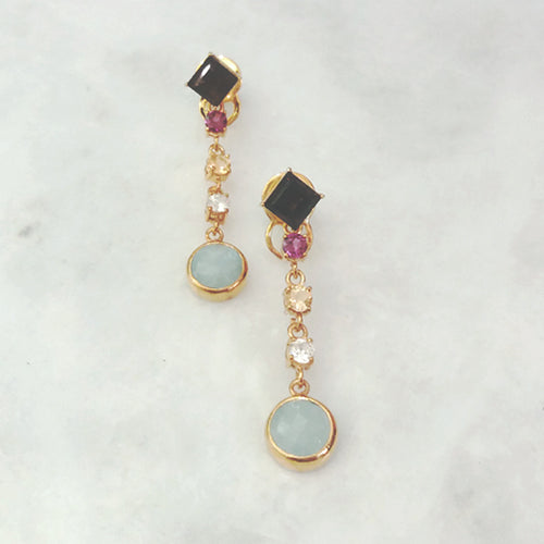 Smokey Quartz Stud with Rhodolite Garnet, Citrine, White Topaz & Aquamarine Twinset Earrings