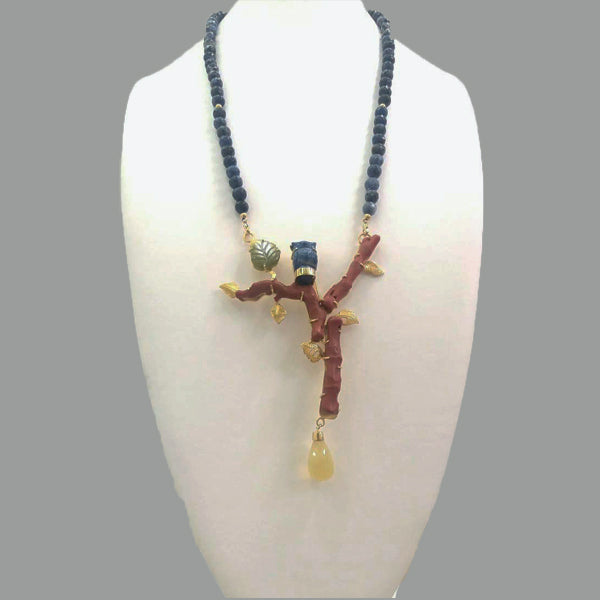 Sodalite Beads & Carved Sodlite Owl, Red Coral Branches & Yellow Quartz Drop & Jade Leaf Necklace