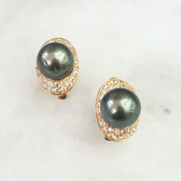 Tahitian Pearl with Pave White Zircon Stud Earrings