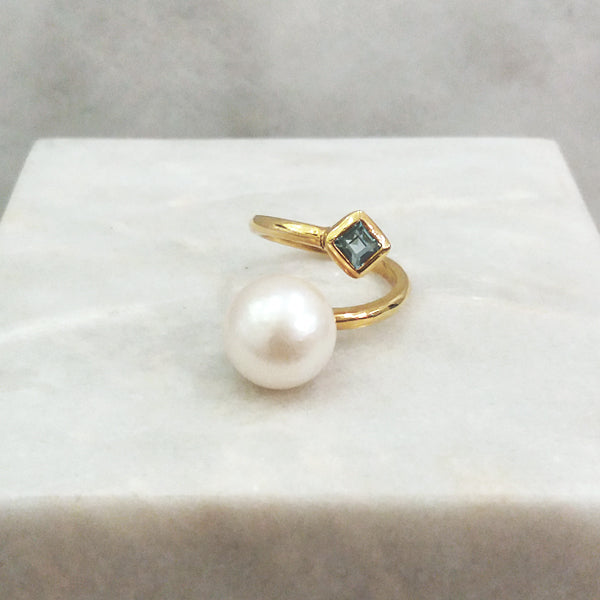 South Sea Pearl with Blue Topaz  Square Ring