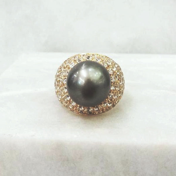 Tahitian Pearl with a pave of White Topazes Cocktail Ring