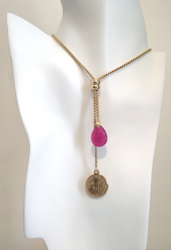 Teardrop Red Jade with Padre Pio Slider Necklace