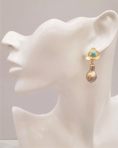 Tri Petal Stud with Turquoise and Baroque Freshwater Pearl Earrings