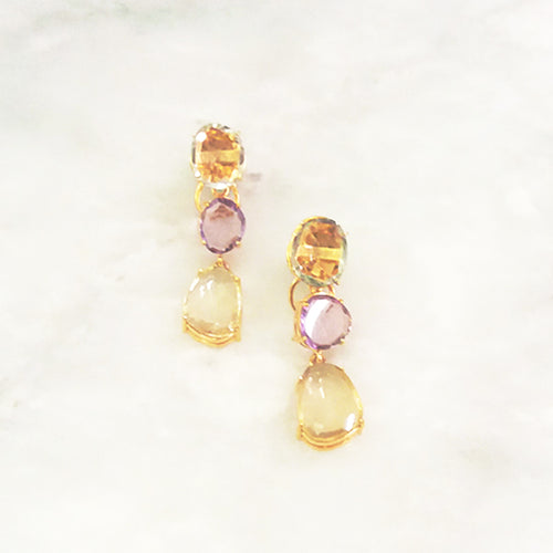 Whiskey Quartz Stud with Amethyst & Lemon Quartz Twinset Earrings