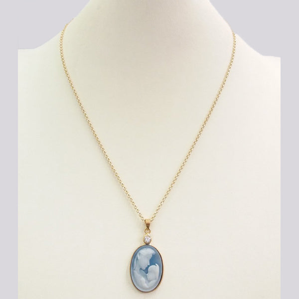 White Topaz with Blue and White Agate Mother and Child Cameo Necklace