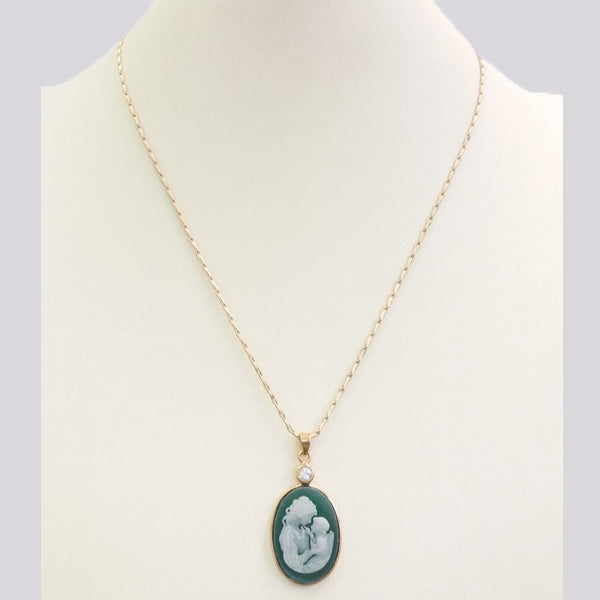 White Topaz with Green and White Agate Mother and Child Cameo Necklace