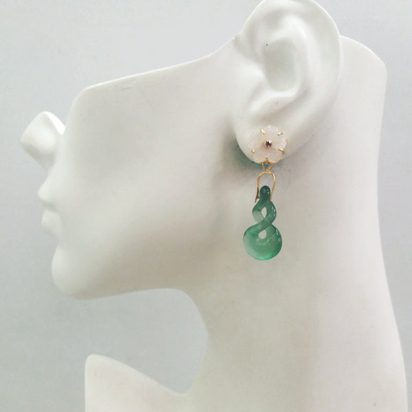 White Quartz Carved Flower with White Topaz Stud & Green Agate Carved 888 Twinset Earrings