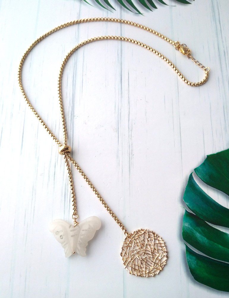 White Jade Butterfly with Sinamay Charm Slider Necklace โ Alchemista