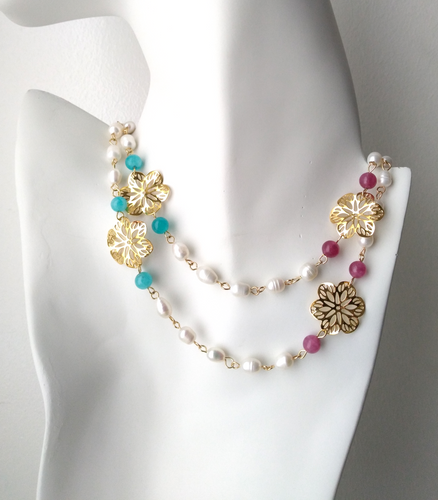 Abstract Cutout Gumamela Jeweled Chain Necklace