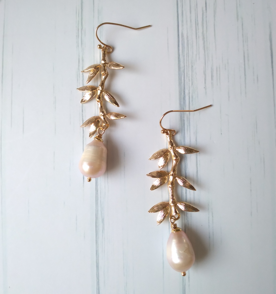 Bamboo with Leaves and Pearls Drop Earrings