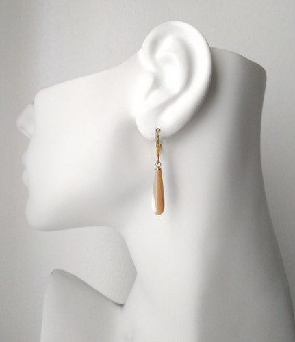 Beige Mother of Pearl Long Drops Lever Back Earrings