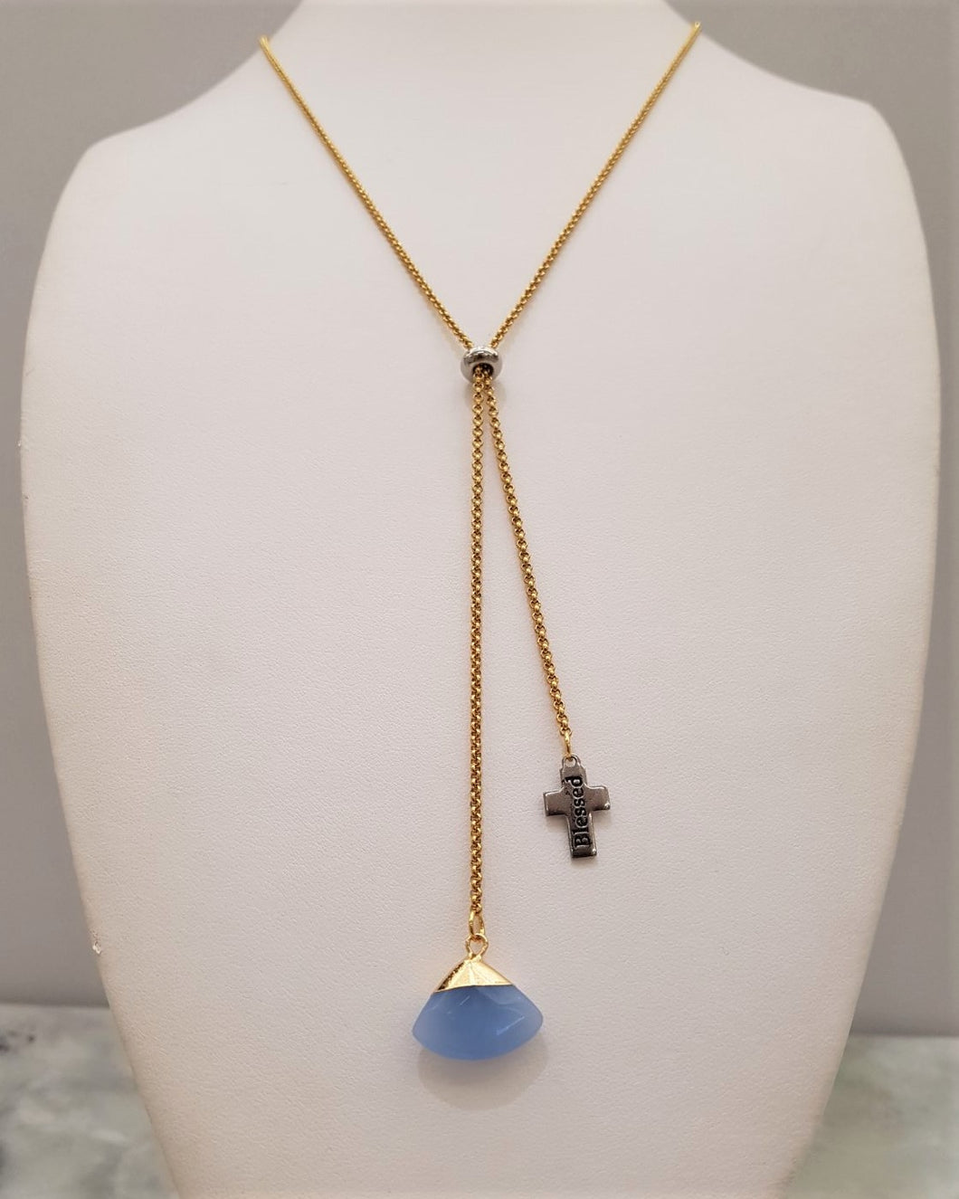 Blue Jade Fan Cross Affirmation Slider Necklace