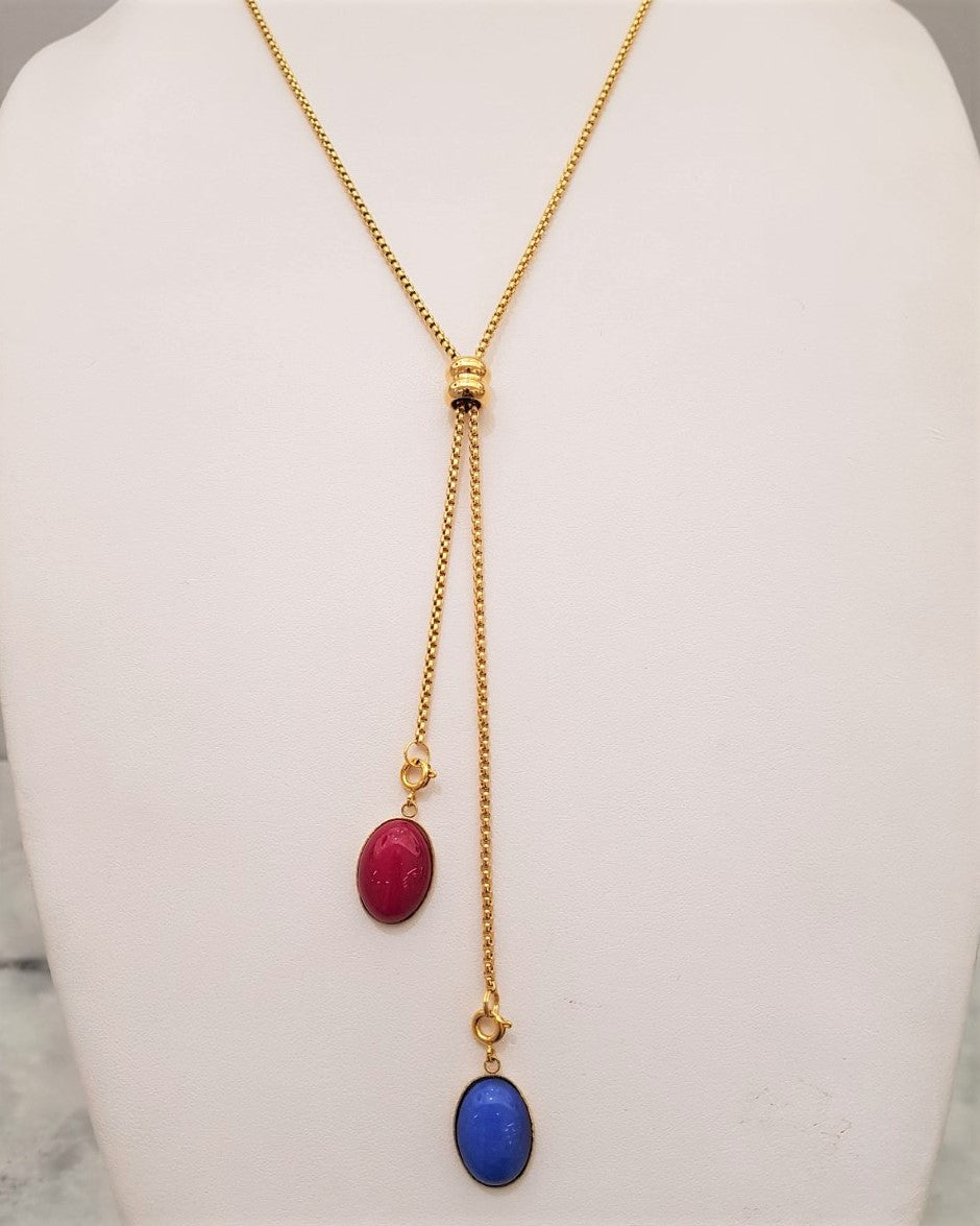 Blue Jade with Pink Jade Affirmation Slider Necklace 2 Tone