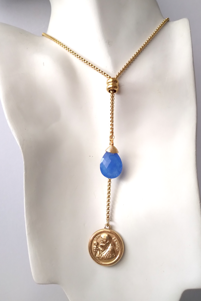Blue Agate with Saint Benedict Medal Slider Necklace