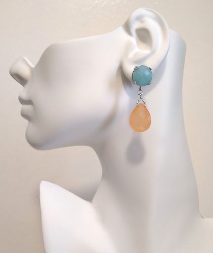 Blue Chalcedony Brass Stud with Peach Jade Dangle Earrings