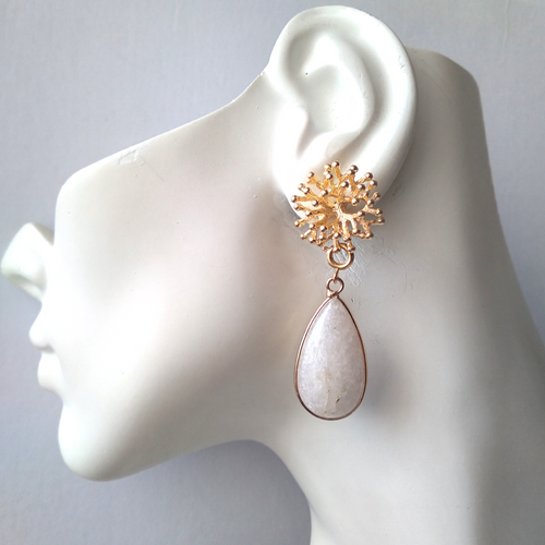 Branch Coral Brass Studs with Detachable White Jade Dangles